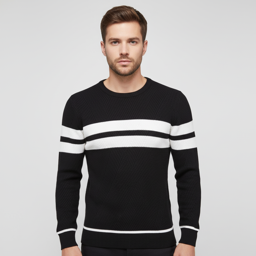 Man wearing a stylish striped crew neck sweater, comfortable men's knitwear