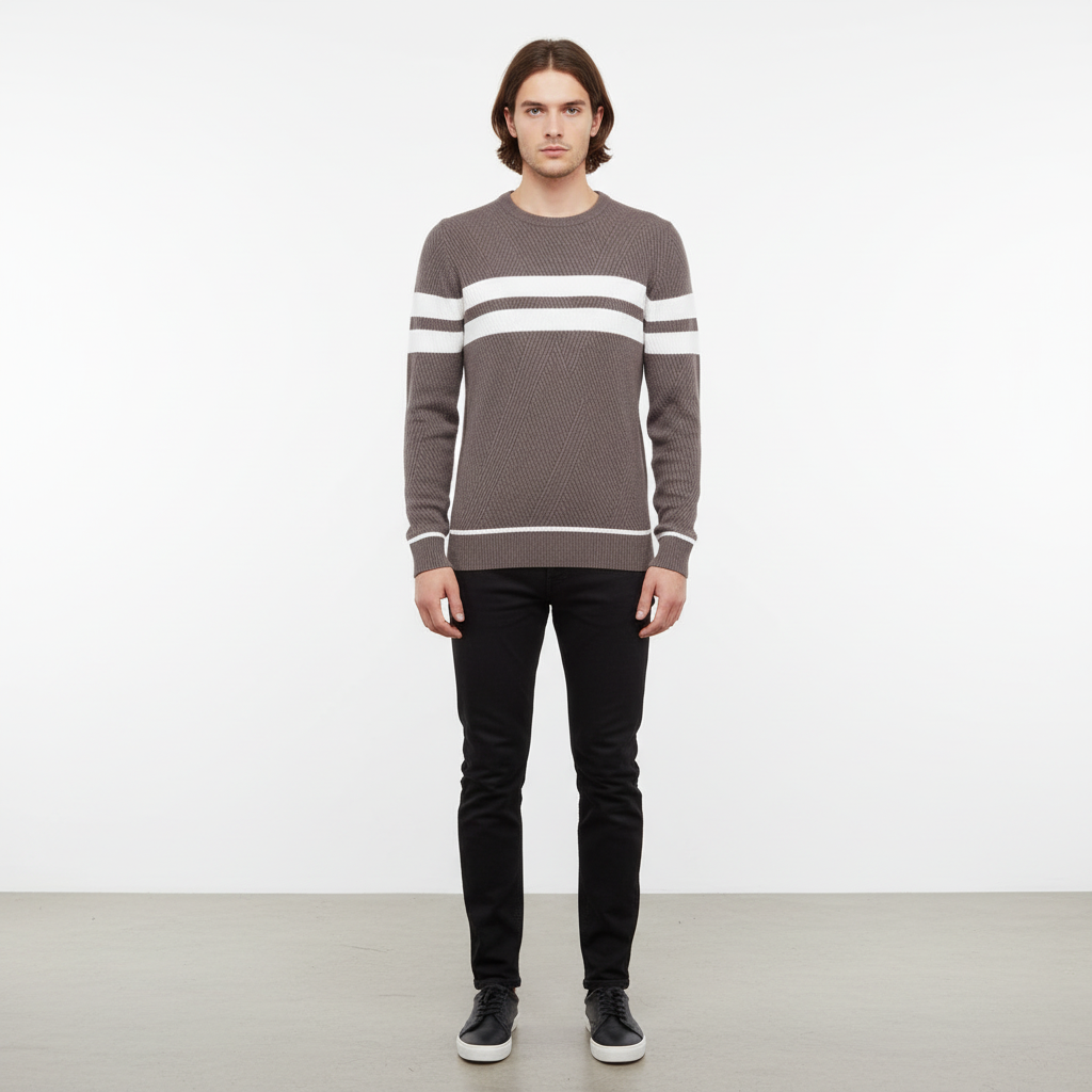 High-quality men's striped knitted jumper, durable cotton blend, essential winter apparel