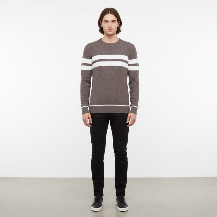High-quality men's striped knitted jumper, durable cotton blend, essential winter apparel