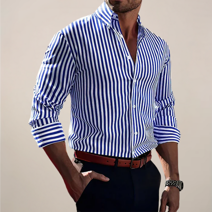 Men's striped long sleeve button-up shirt in classic smart casual style, perfect for versatile everyday wear.