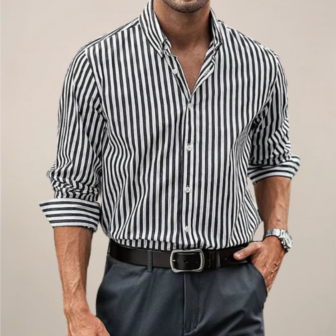 Stylish striped men's button-up shirt with long sleeves, a versatile wardrobe staple for business casual.