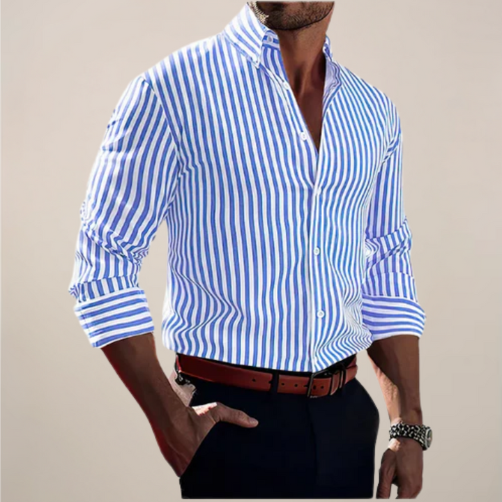 Classic men's striped long sleeve shirt, a smart casual button-up perfect for professional and everyday settings.