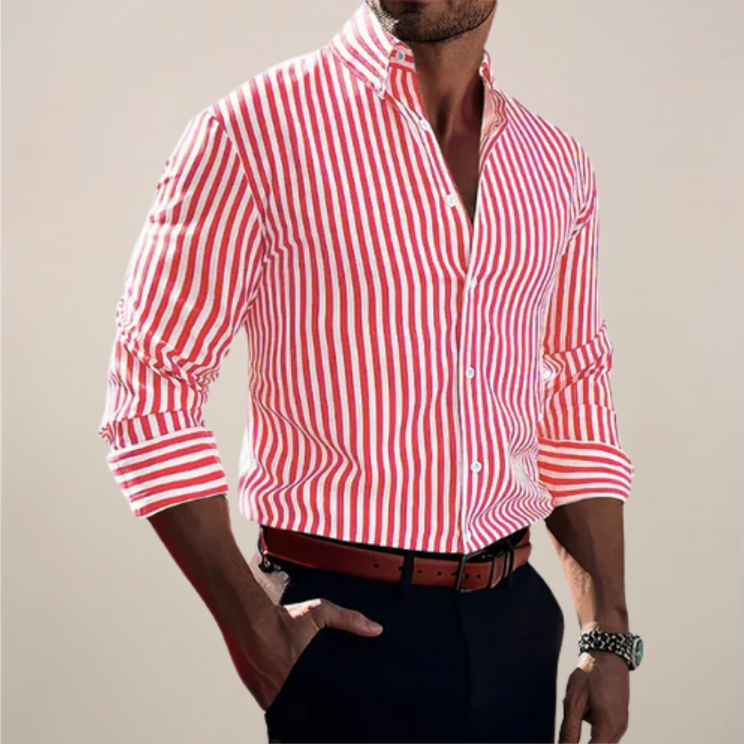 Versatile men's striped long sleeve button-up shirt, ideal for a refined smart casual or business casual look.