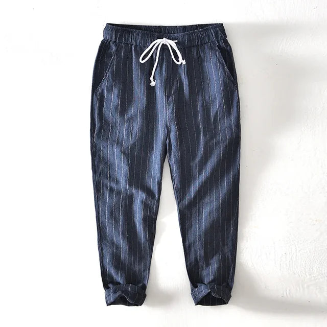 Men's striped pants, relaxed fit, comfortable drawstring trousers for casual everyday wear.