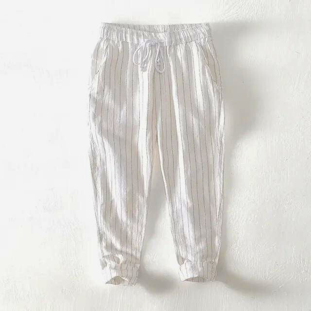 Men's fashion striped trousers, comfortable relaxed fit pants with adjustable drawstring for versatile style.