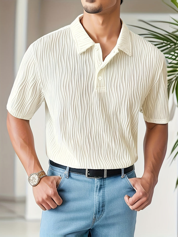 Close-up of a men's striped short sleeve polo shirt, showcasing its comfortable fabric and modern fit.