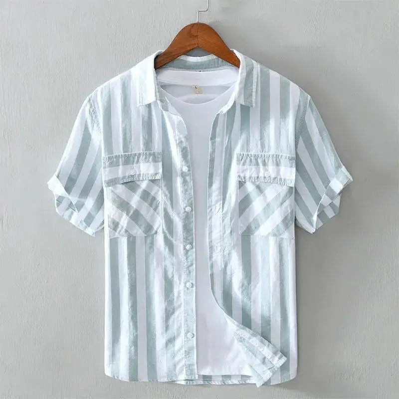 Men's striped short-sleeve casual button-up shirt with chest pockets, ideal for summer style & spring fashion.
