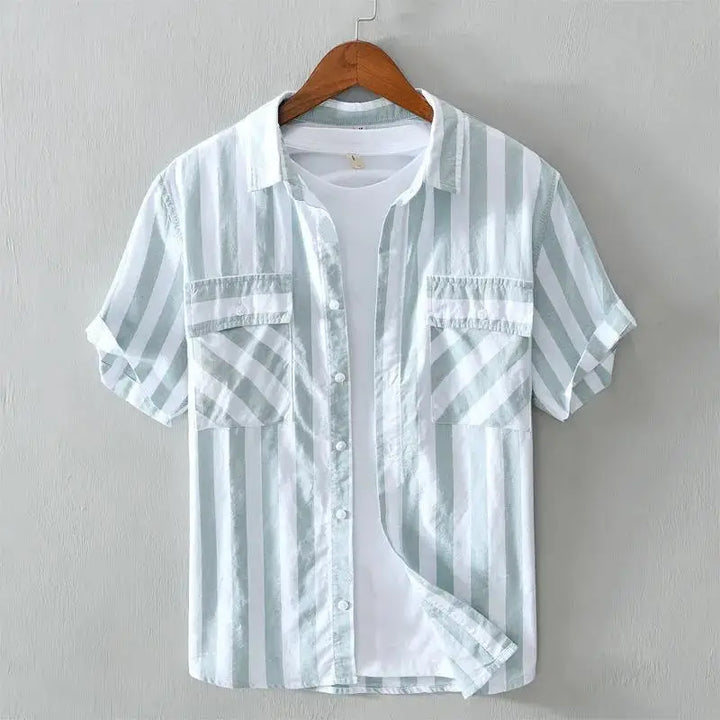 Men's striped short-sleeve casual button-up shirt with chest pockets, ideal for summer style & spring fashion.