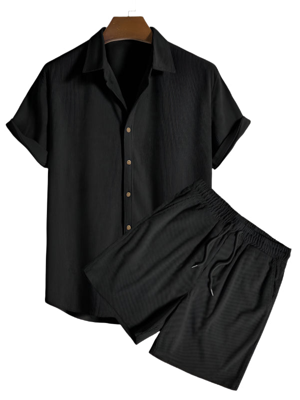Men's striped summer shirt and shorts set, ideal for casual beachwear fashion.