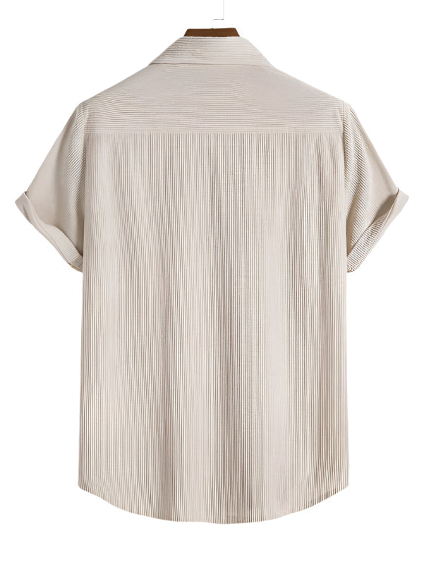 Men's summer fashion set with bold stripes, includes a short sleeve top and shorts.