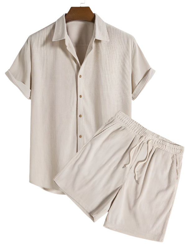 Stylish men's striped fashion set, including a summer shirt and comfortable shorts.