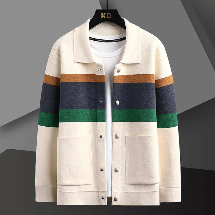 Men's striped varsity jacket in a classic retro style. Comfortable casual outerwear with button-up front.