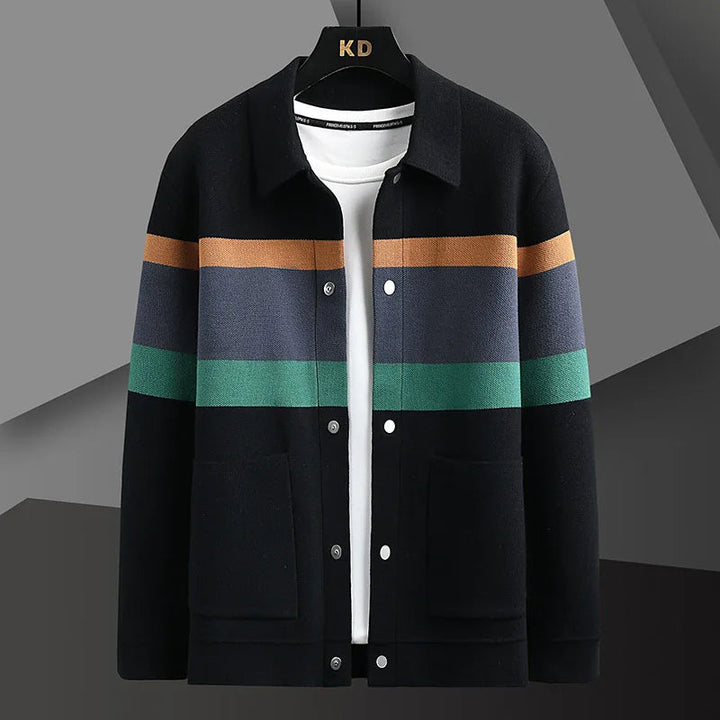 Stylish men's striped varsity jacket, a versatile piece of casual outerwear for layering and retro appeal.