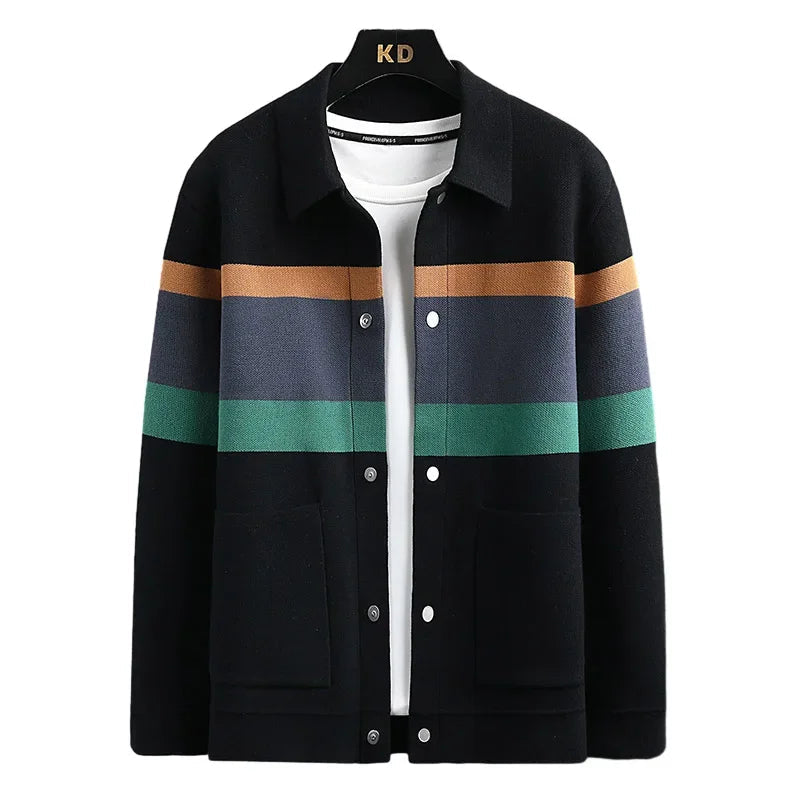 Men's casual striped varsity jacket, a key piece of men's apparel. Comfortable, retro-style outerwear for daily wear.