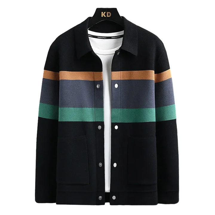 Men's casual striped varsity jacket, a key piece of men's apparel. Comfortable, retro-style outerwear for daily wear.