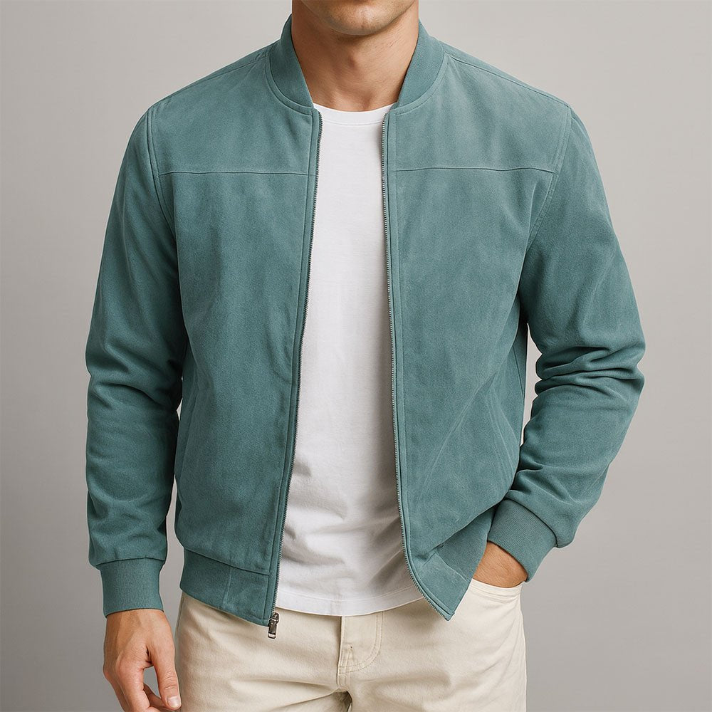 Sophisticated men's structured jacket, a tailored bomber for smart casual outerwear.