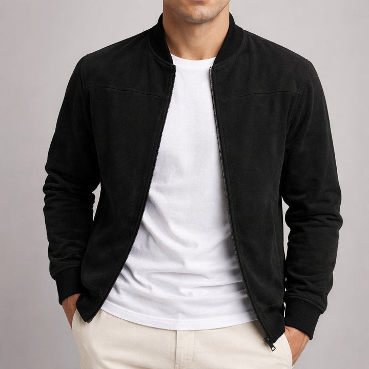 Modern men's structured bomber jacket, offering a sophisticated tailored fit for contemporary fashion.