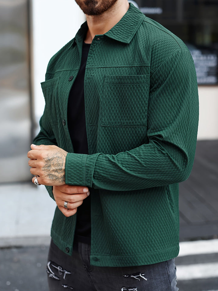 Men's structured green long sleeve shirt, perfect for smart casual or everyday wear. Modern men's fashion.