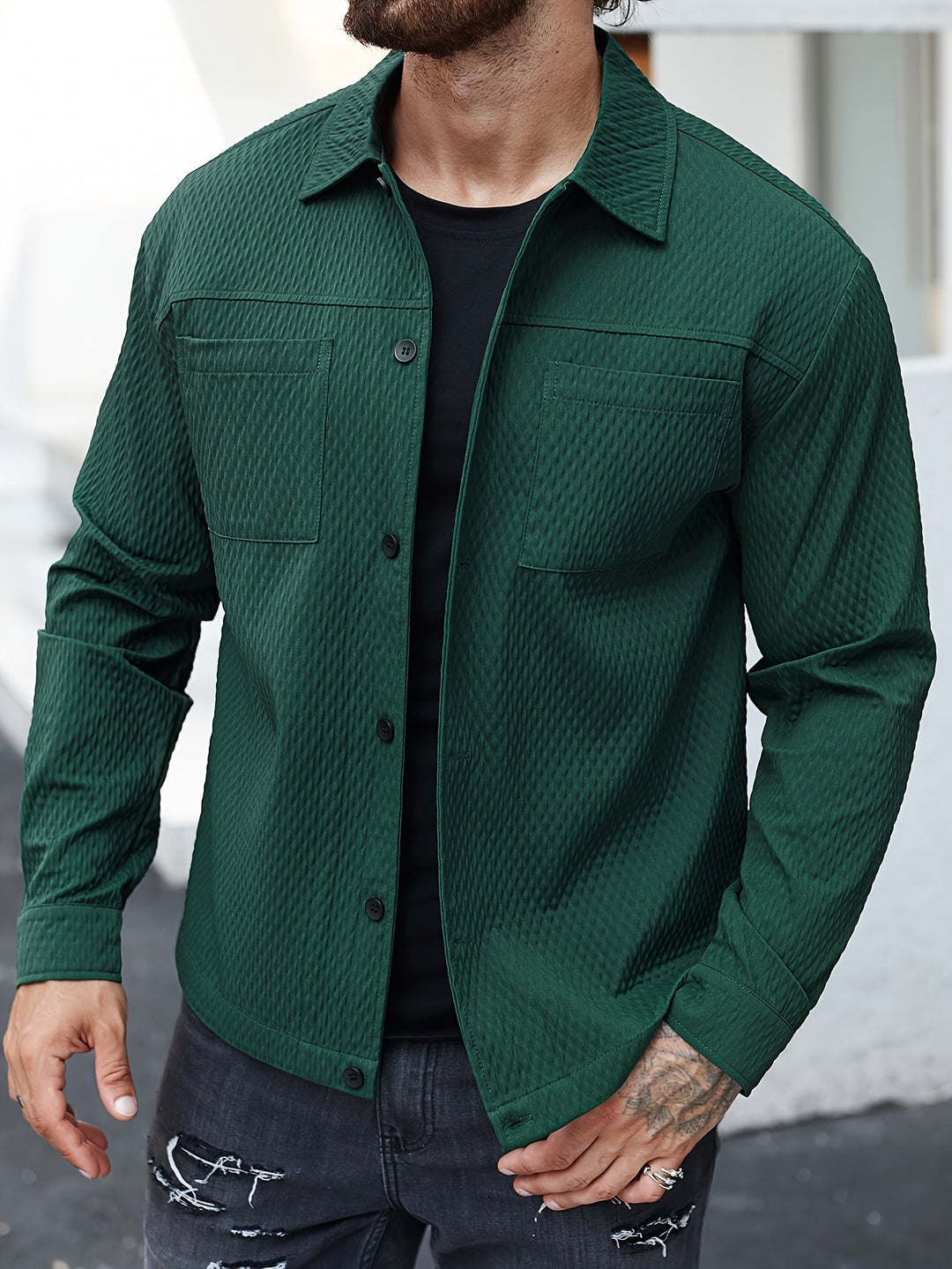 Versatile men's structured green long sleeve shirt. A smart casual essential for everyday wear and modern men's fashion.