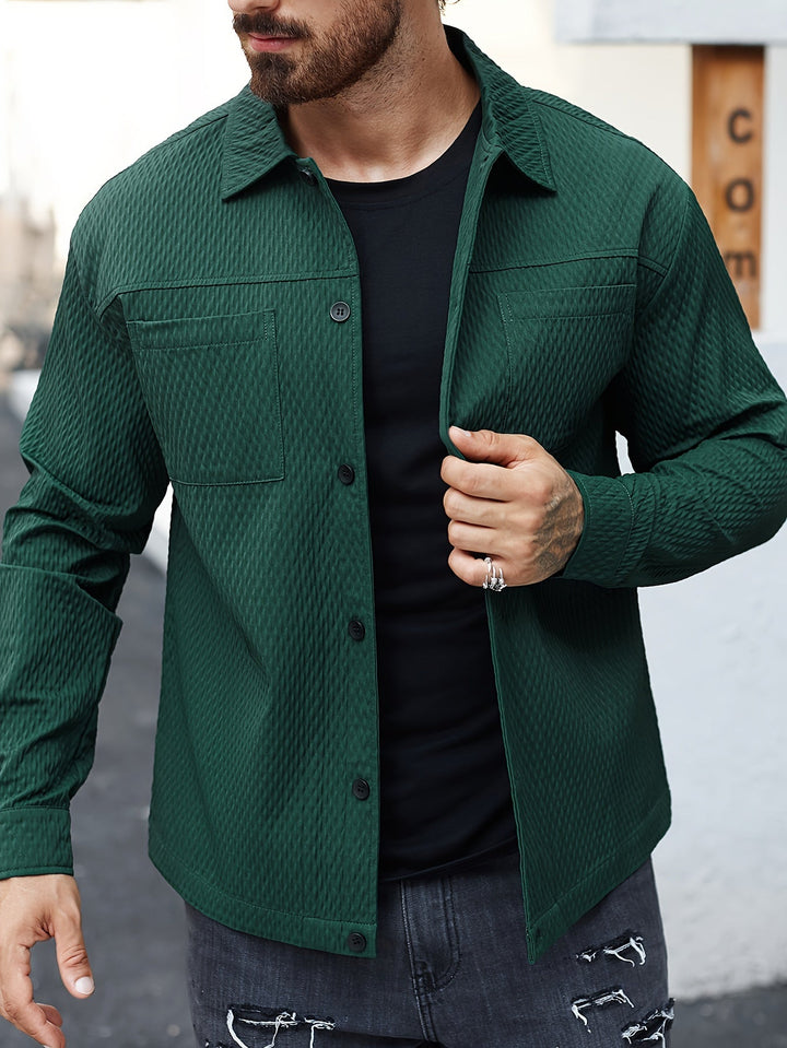 Full-length back view of a men's structured green long sleeve shirt. Offers comfortable, modern style for smart casual fashion.
