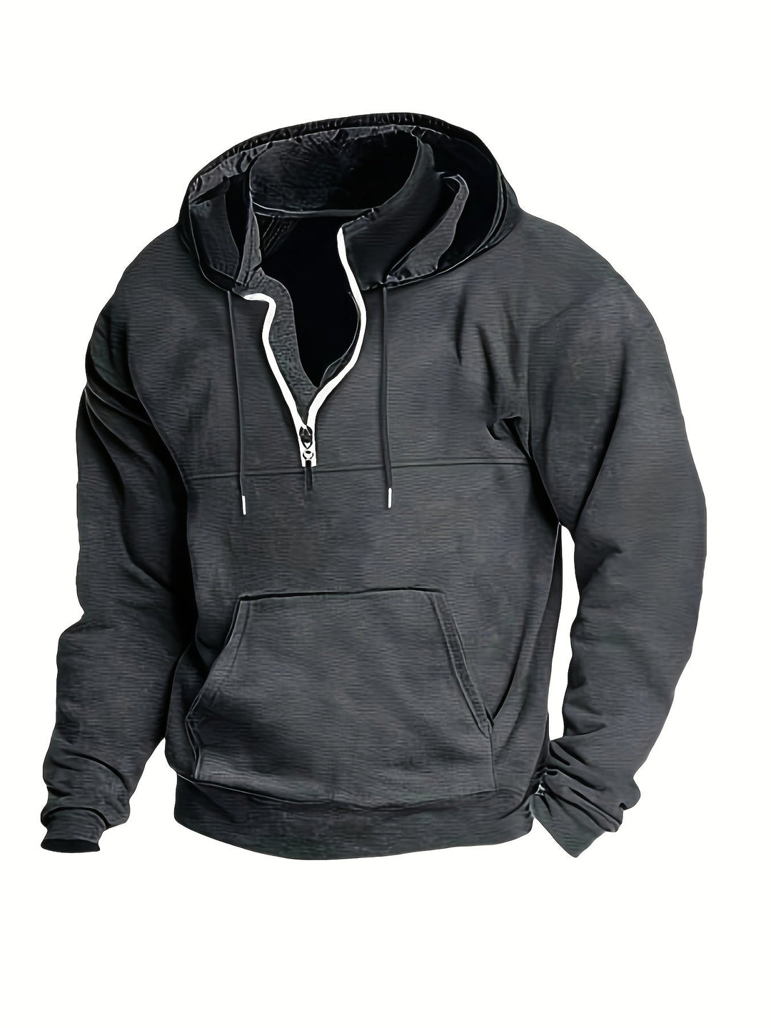 Men's warm half-zip hoodie pullover. Essential men's apparel for cold weather comfort.