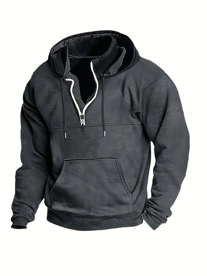 Men's warm half-zip hoodie pullover. Essential men's apparel for cold weather comfort.
