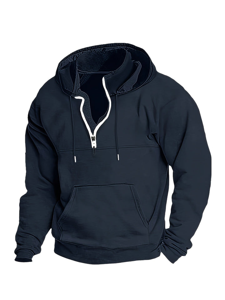 Casual men's half-zip pullover hoodie. Soft for everyday comfort and warm outerwear.