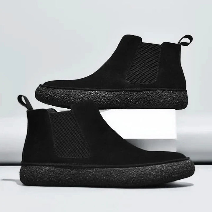 Men's stylish suede Chelsea boots in a rich brown, featuring orthopedic support.