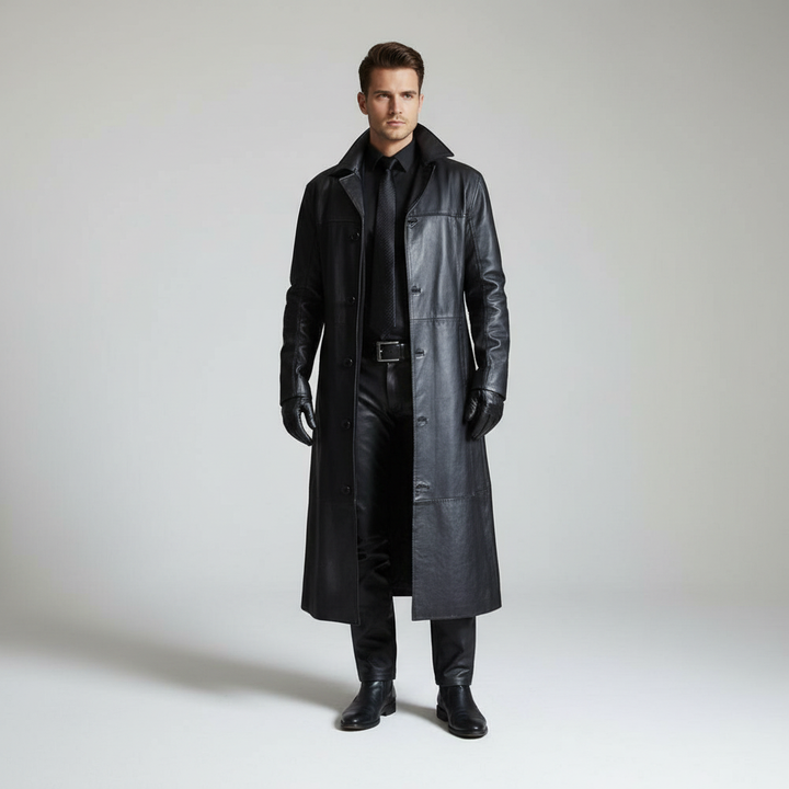 Anton long leather jacket for men, offering warmth and windproof protection.