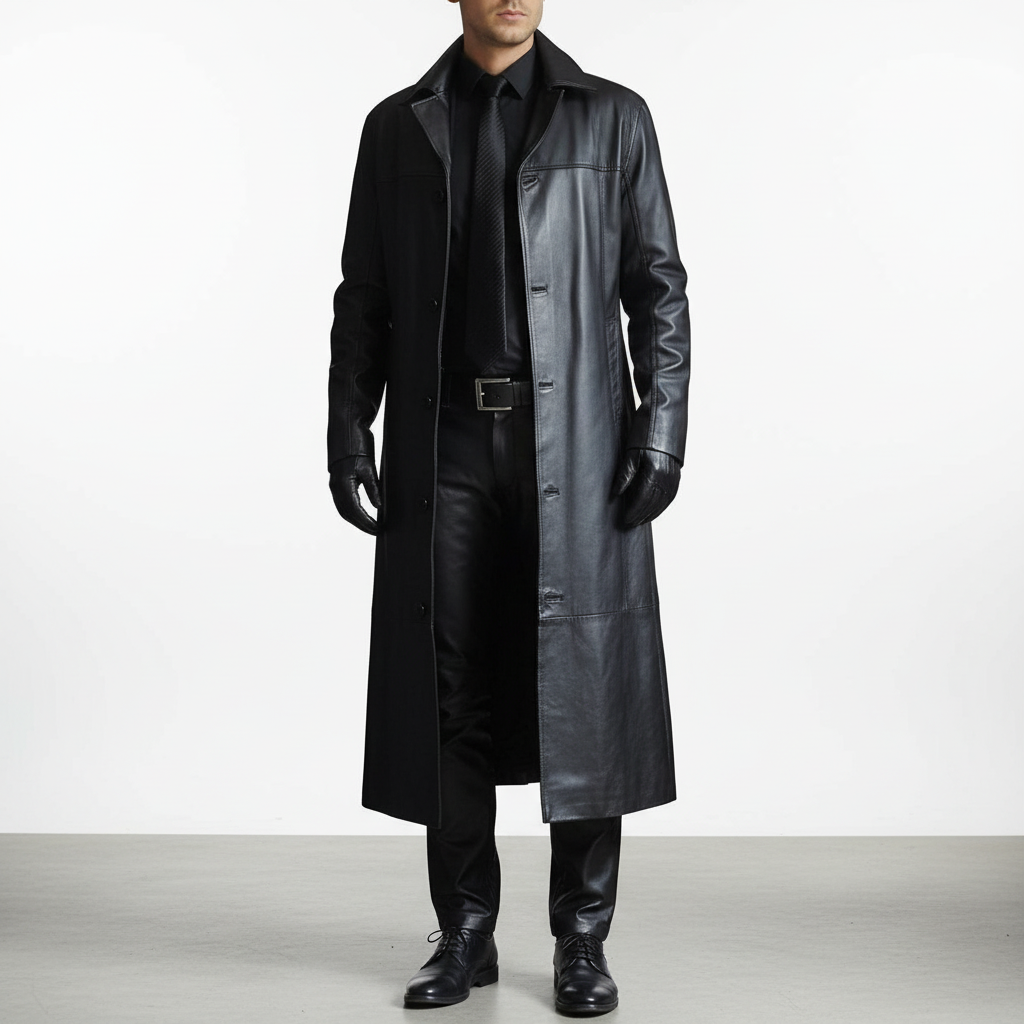 Close-up of the texture of the men's long leather jacket, highlighting its quality.