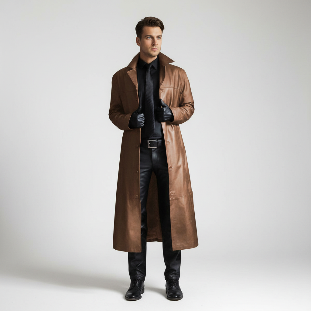 Side view of the Anton men's long leather jacket, emphasizing its sleek design and fit.