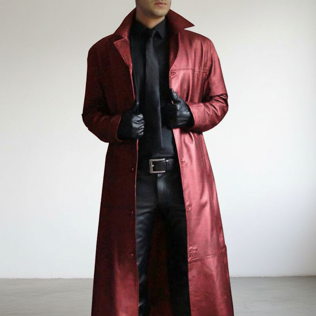 Versatile men's black long leather jacket, suitable as a warm winter or autumn overcoat.