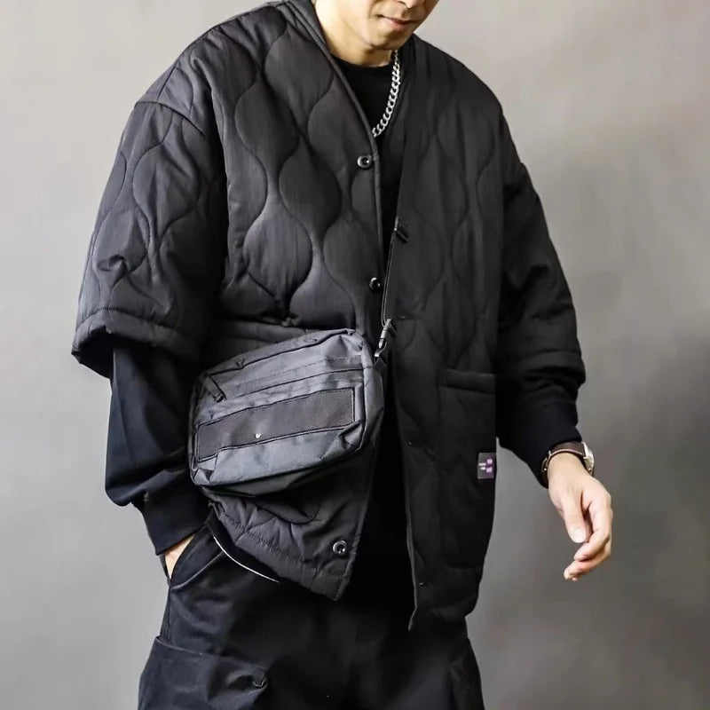 Comfortable men's oversized quilted bomber jacket, ideal winter outerwear for modern streetwear style.