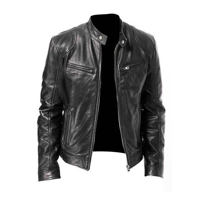 Men's stylish black racer jacket with sleek design, perfect for everyday casual wear & transitional weather.