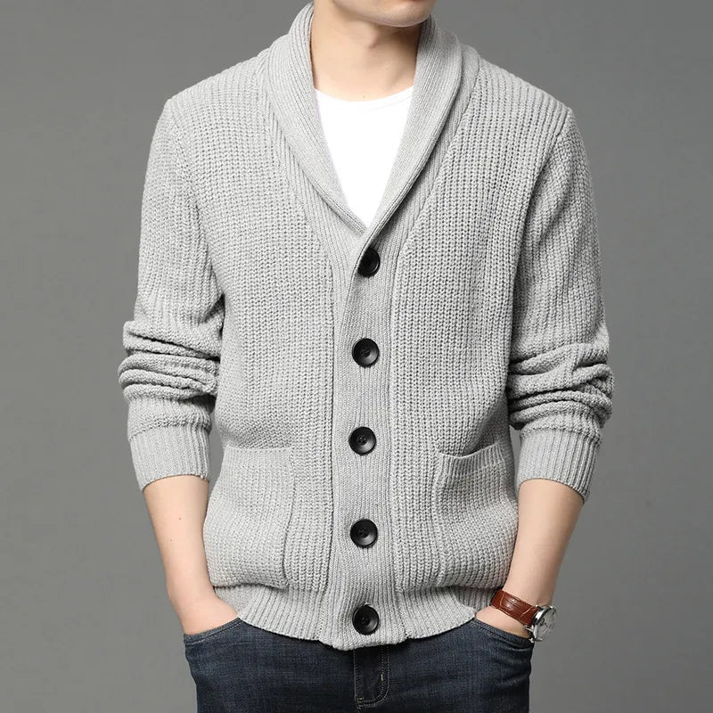 Men's stylish black shawl collar cardigan, long sleeve with button closure, perfect for smart casual layering.