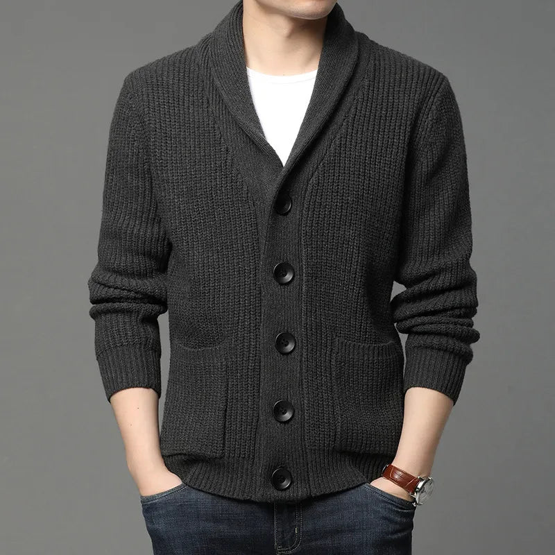 Comfortable men's heather gray shawl collar cardigan, versatile for everyday wear & all-season layering.