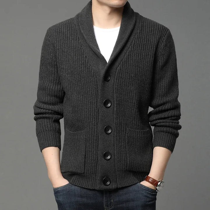 Comfortable men's heather gray shawl collar cardigan, versatile for everyday wear & all-season layering.