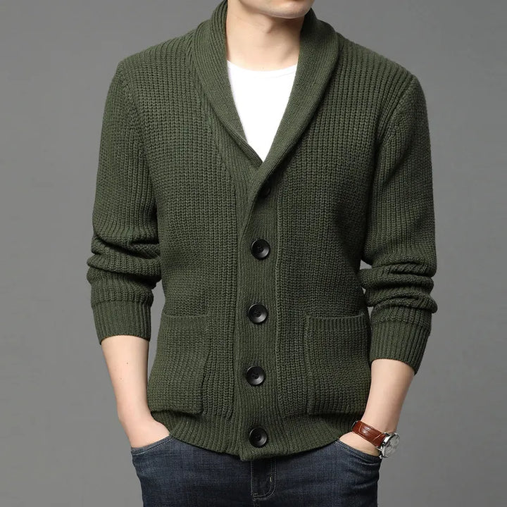 Close-up of men's contemporary shawl collar cardigan with button details, showing quality knit & versatile style.