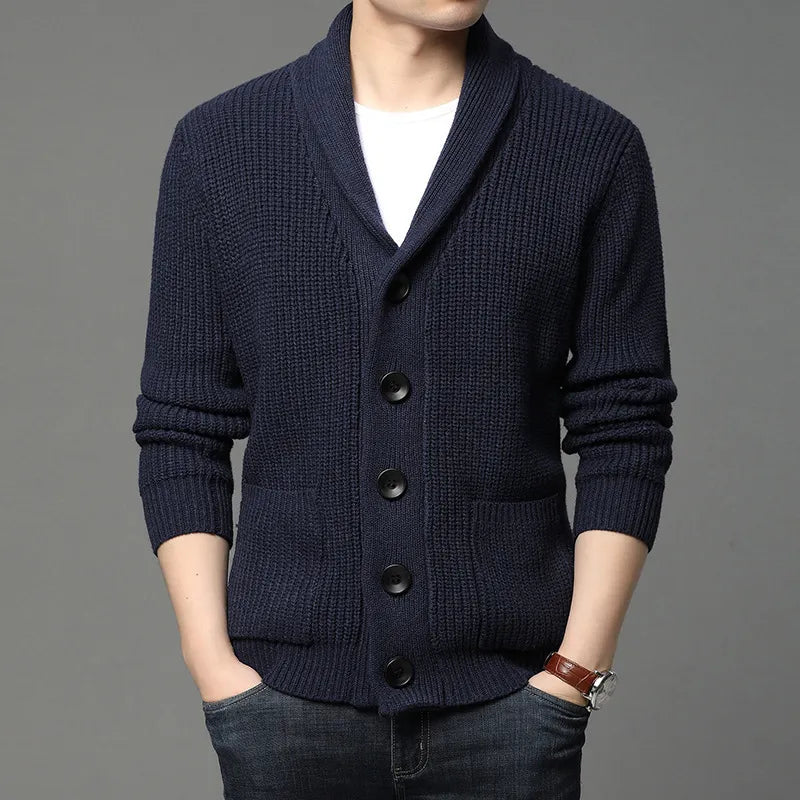 Men's long-sleeve navy shawl collar cardigan, a smart casual layering piece for men's fashion, all seasons.