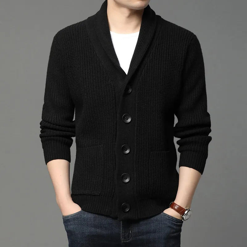 Fashionable men's button-front shawl collar cardigan, ideal for comfortable layering and versatile everyday wear.