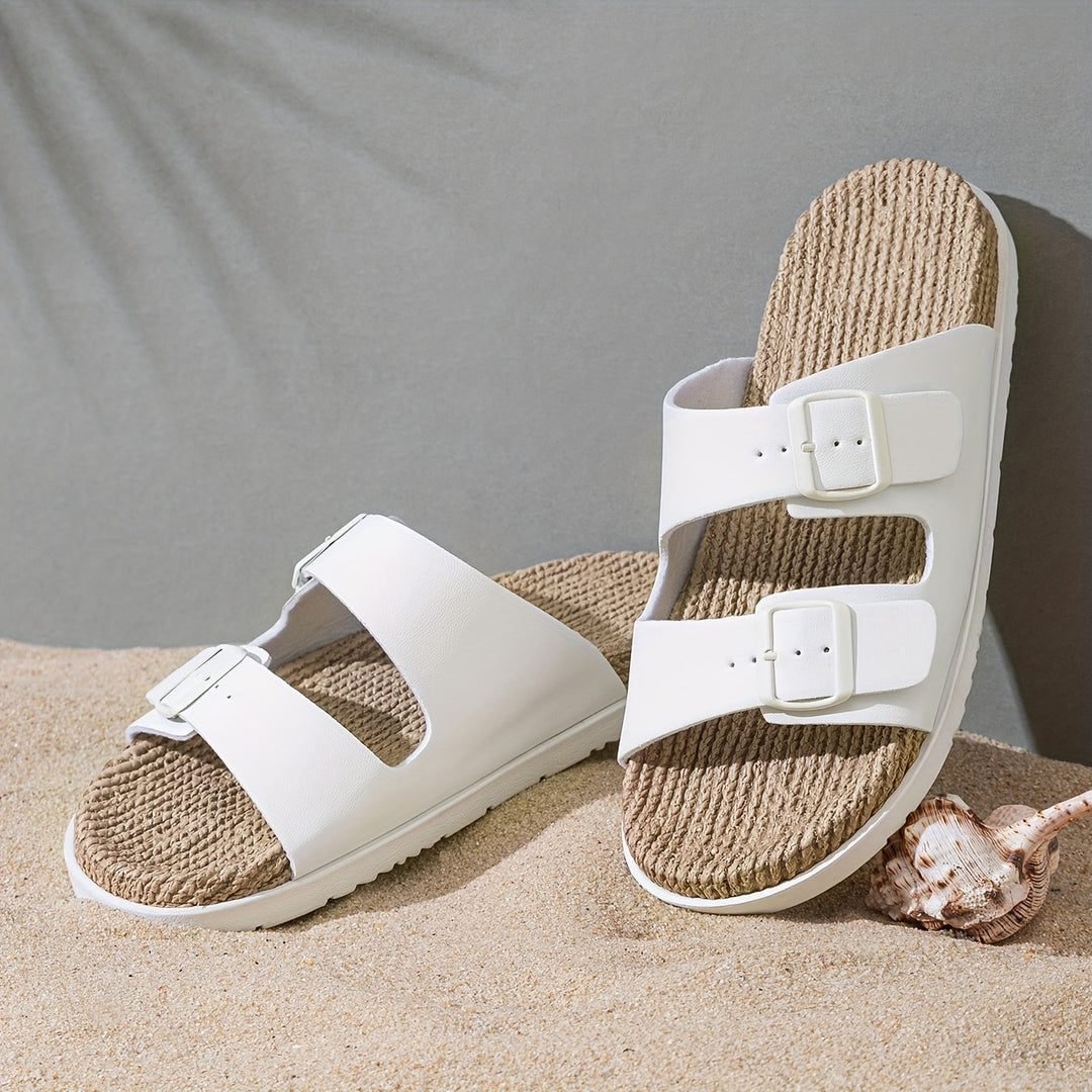 Men's stylish black summer slip-on sandals with adjustable straps, ideal for beachwear & comfort