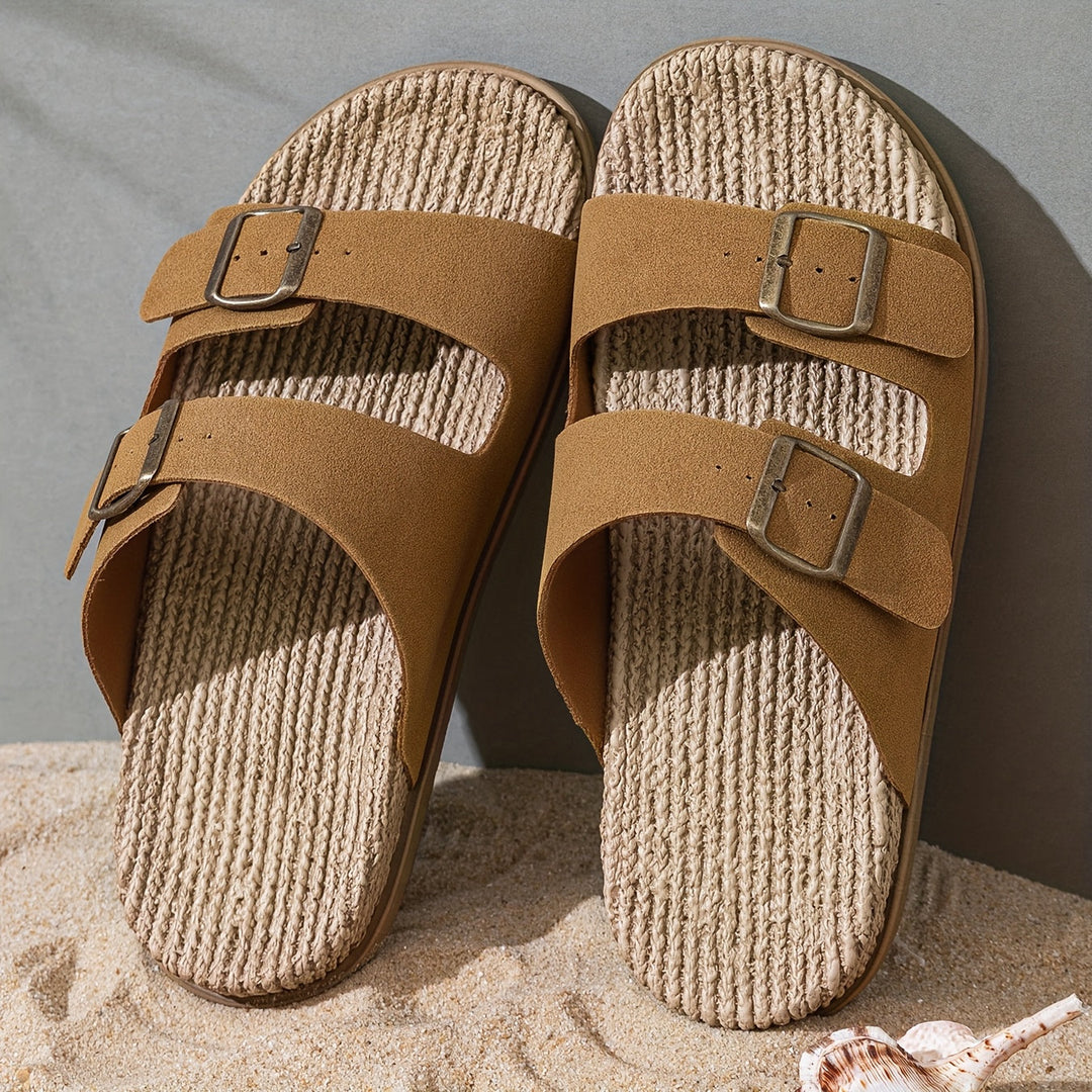 Black men's slip-on summer shoes with adjustable straps and an ergonomic design for all-day comfort