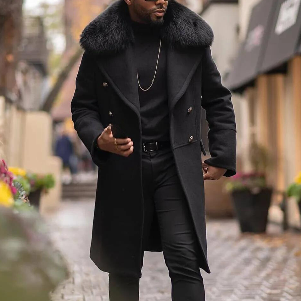 Men's stylish black winter jacket, warm & comfortable outerwear for cold weather.