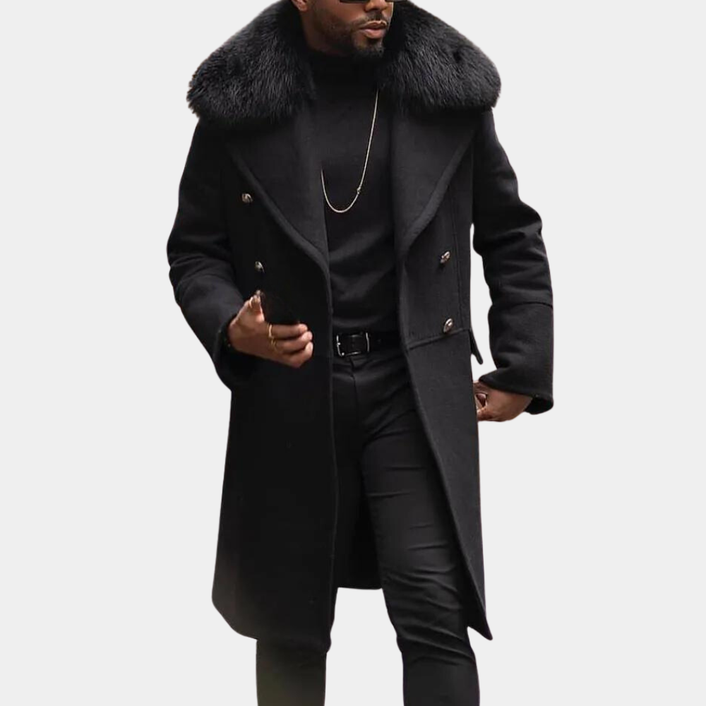 Versatile men's black winter jacket, warm and stylish outerwear for both casual and formal cold weather.