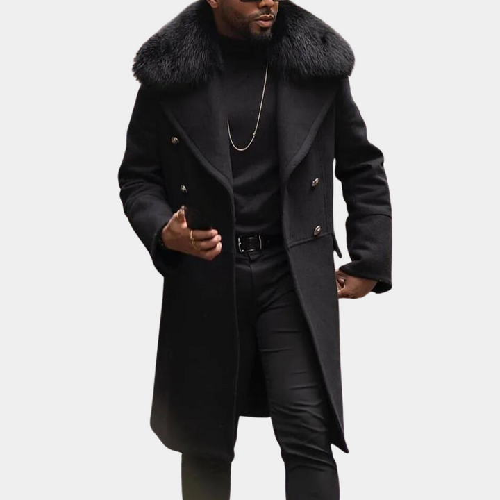 Versatile men's black winter jacket, warm and stylish outerwear for both casual and formal cold weather.