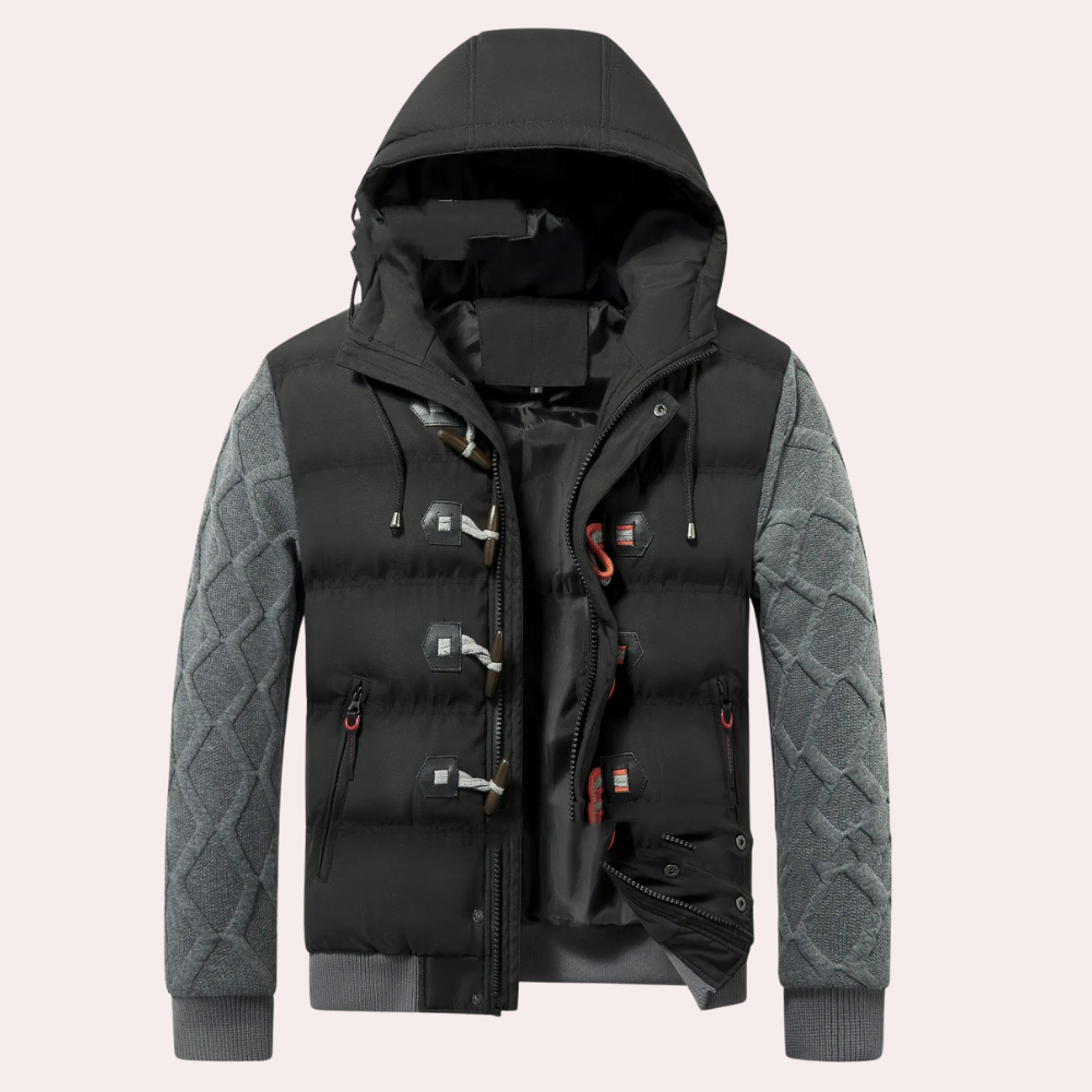 Men's stylish black winter jacket, warm & insulated, tailored fit for cold weather fashion.