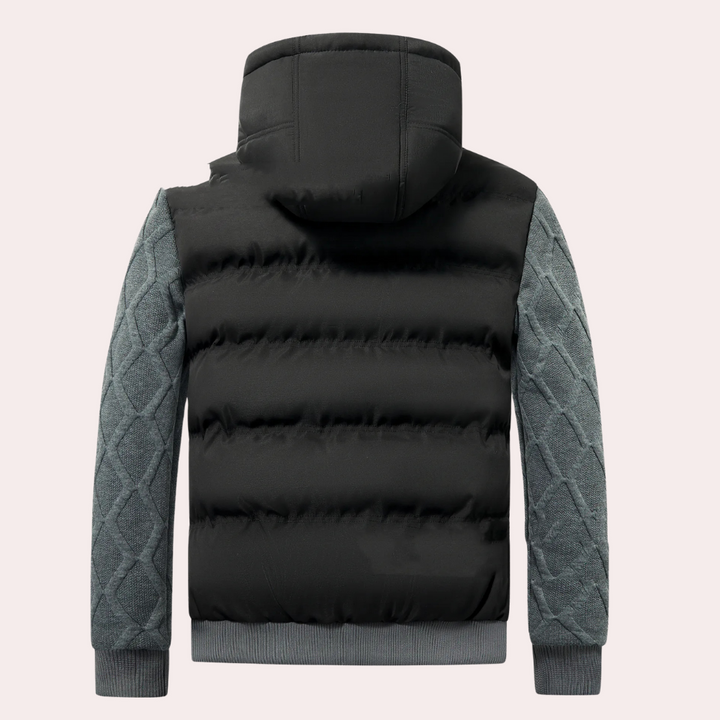 Dark blue men's trendy winter coat, durable and warm outerwear with a tailored fit for urban style.