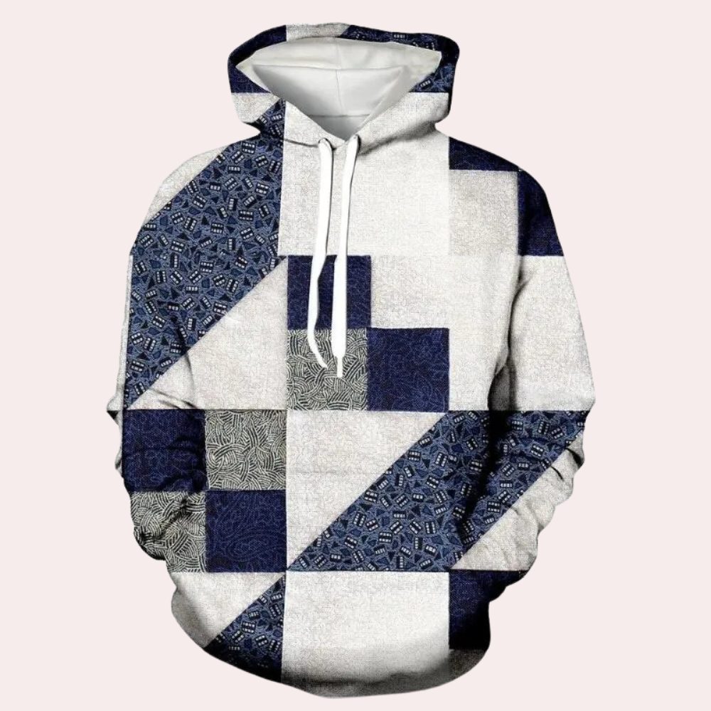 Men's stylish blue checked hoodie. Comfortable relaxed fit hooded sweatshirt for trendy casual everyday wear.