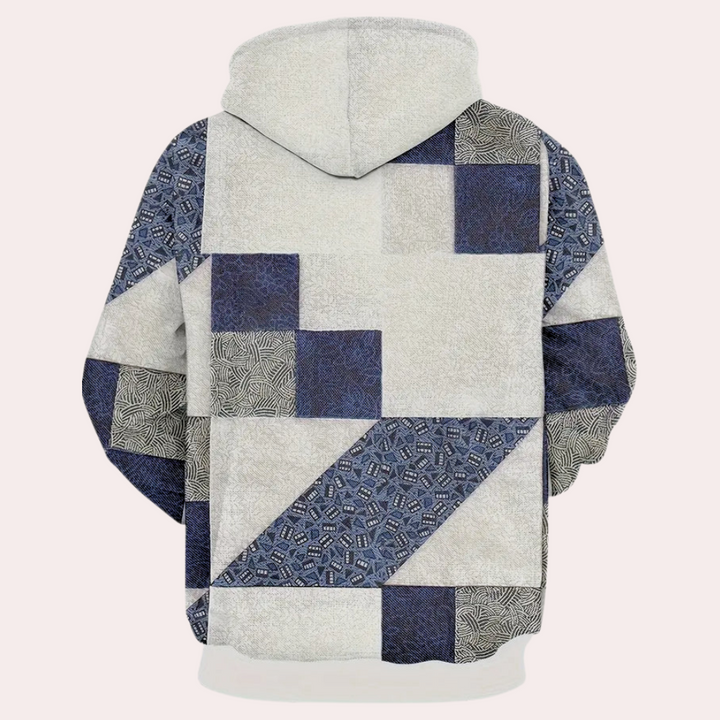 Trendy men's plaid hoodie, a stylish blue hooded sweatshirt perfect for casual fashion and layering.
