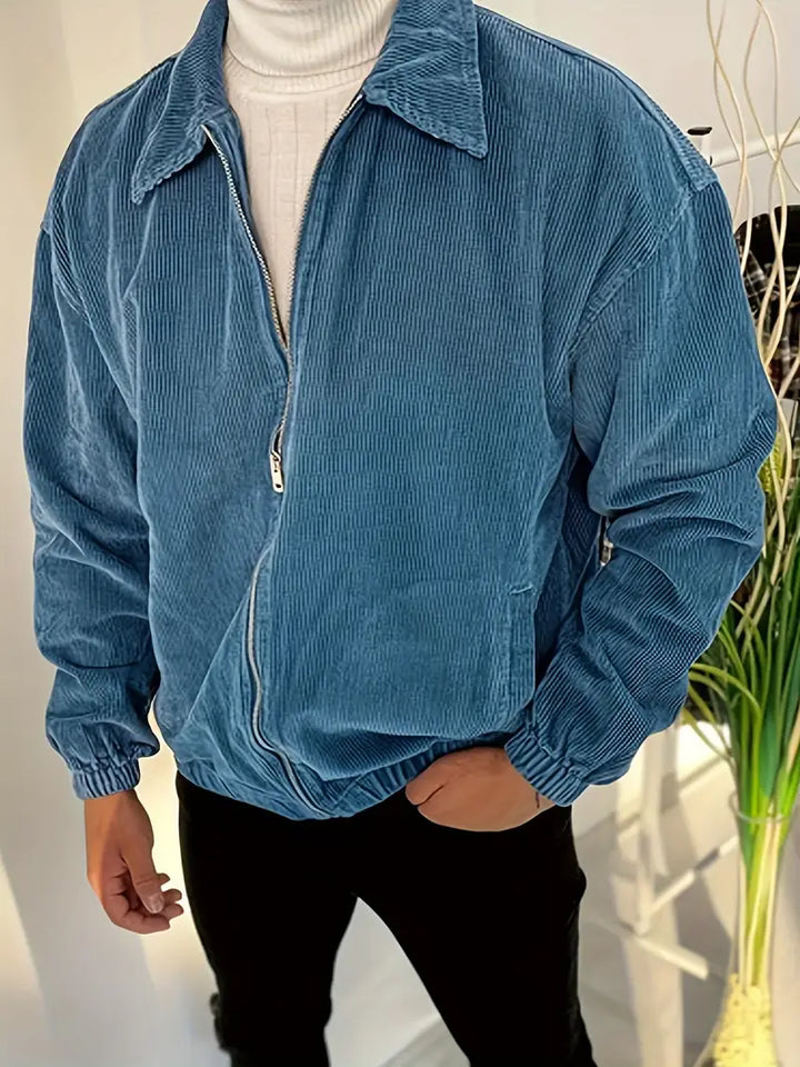 Men's stylish blue corduroy zip-front jacket, perfect for everyday casual wear in spring or fall.